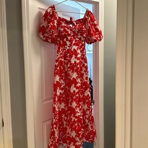Red & white floral maxi dress